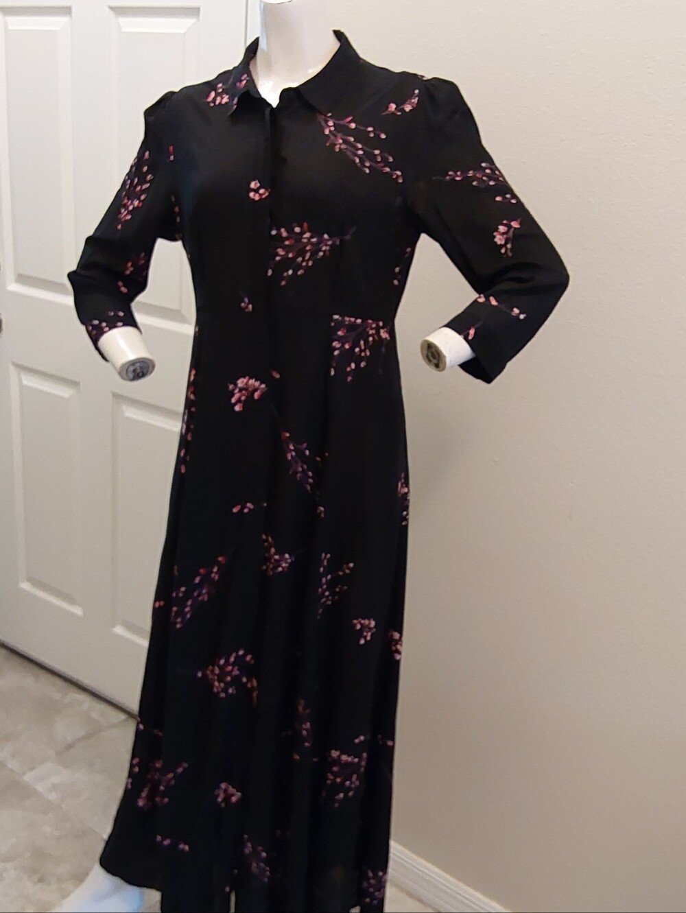 Zara Woman Black Maxi Shirt Dress with Pink Floral Print - Picture 5 of 6